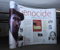 large scale poster titled: Genocide - Whose responsibility?