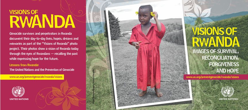 a poster for vivsions of Rwanda depicting a girl placing yellow flowers behind her ears