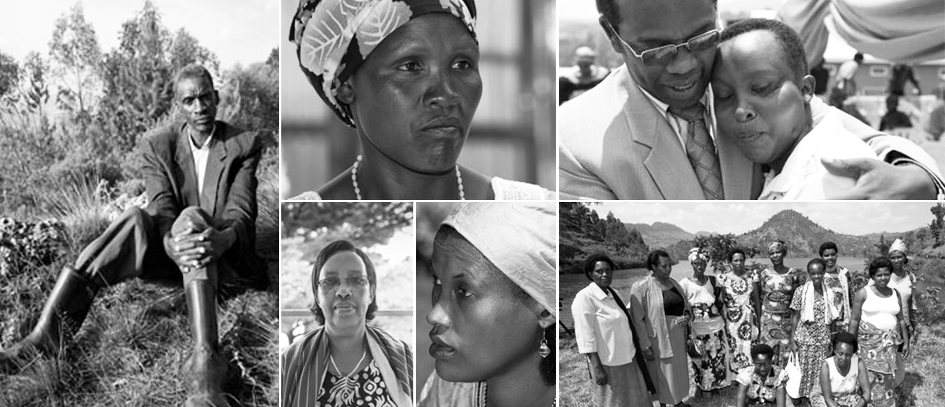 A collage of photographs of Rwanda survivors