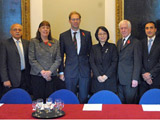 Photo of UK Country Visit in London. Members of the 1540 Committee and Group of Experts met Mr. Tobias Ellwood MP, Parliamentary Under-Secretary of State (fourth from left). To the right of Mr Ellwood is the leader of the 1540 Committee delegation Ambassador Paik Ji-Ah, Deputy Permanent Representative of the Republic of Korea to the United Nations, New York.