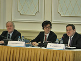 Photo of the 1540 Committee Representative Mr Lim Sang-beom (Republic of Korea) centre, flanked by Ambassador Barlybay Sadykov (Kazkhstan) right and Mr Petr Litavrin (1540 Group of Experts) left, at the conference '10 years of UNSC Resolution 1540: Global and Regional efforts in the field of non-proliferation and disarmament of weapons of mass destruction', hosted by Kazakhstan in Astana on 10 and 11 March 2014.