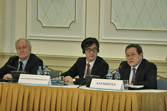 Photo of the 1540 Committee Representative Mr Lim Sang-beom (Republic of Korea) centre, flanked by Ambassador Barlybay Sadykov (Kazkhstan) right and Mr Petr Litavrin (1540 Group of Experts) left, at the conference '10 years of UNSC Resolution 1540: Global and Regional efforts in the field of non-proliferation and disarmament of weapons of mass destruction', hosted by Kazakhstan in Astana on 10 and 11 March 2014.