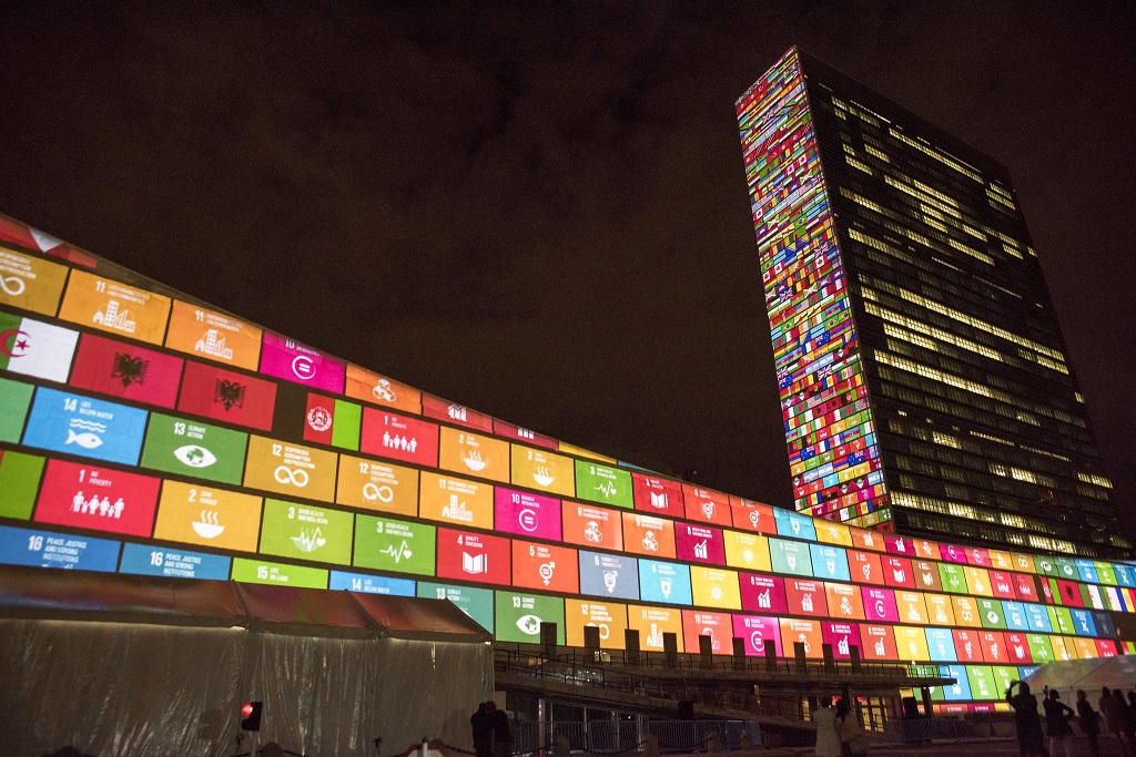 Sustainable Development Goals projected onto UN Headquarters in New York