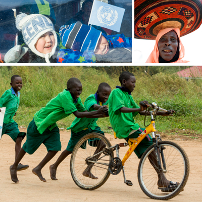 Un retrato de una mujer, dos niños con el logo de la ONU, un grupo de niños jugando con una bicicleta