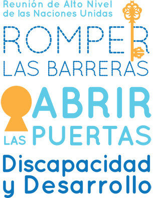 Una identidad visual creada para la reunión de alto nivel de la Asamblea General sobre la discapacidad y el desarrollo con el texto 'romper las barreras: Puertas abiertas', que también incluye los símbolos de la llave y cerradura