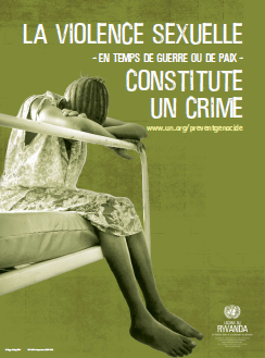 Image of the poster 'Sexual Violence - in War or Peace - Is A Crime' with Francés text