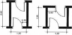 Dimensions for inward swinging doors.