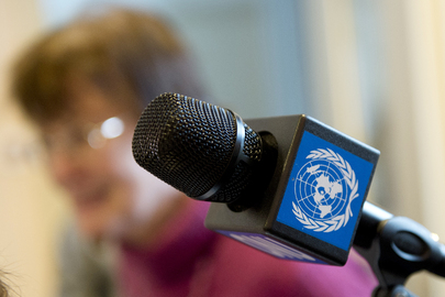 The photo shows a microphone with a UN logo attached to it. There is a woman in the background who is out of focus.