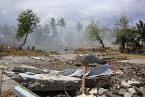 The photo shows an area of land that has been devastated by a natural disaster. Houses have been destroyed and trees are bent over. There is twisted aluminium and stones in the dirt.