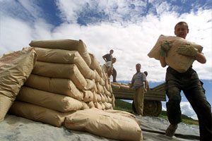 A man at the front of the image bends over as he unloads a bag of cement. Next to him is a pile of cement bags. Behind him is a truck on which several men are standing, unloading bags of cement.