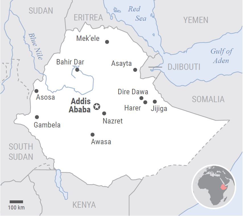 A map of Ethiopia showing its cities and borders with Eritrea, Djibouti, Somalia, Kenya, South Sudan and Sudan.