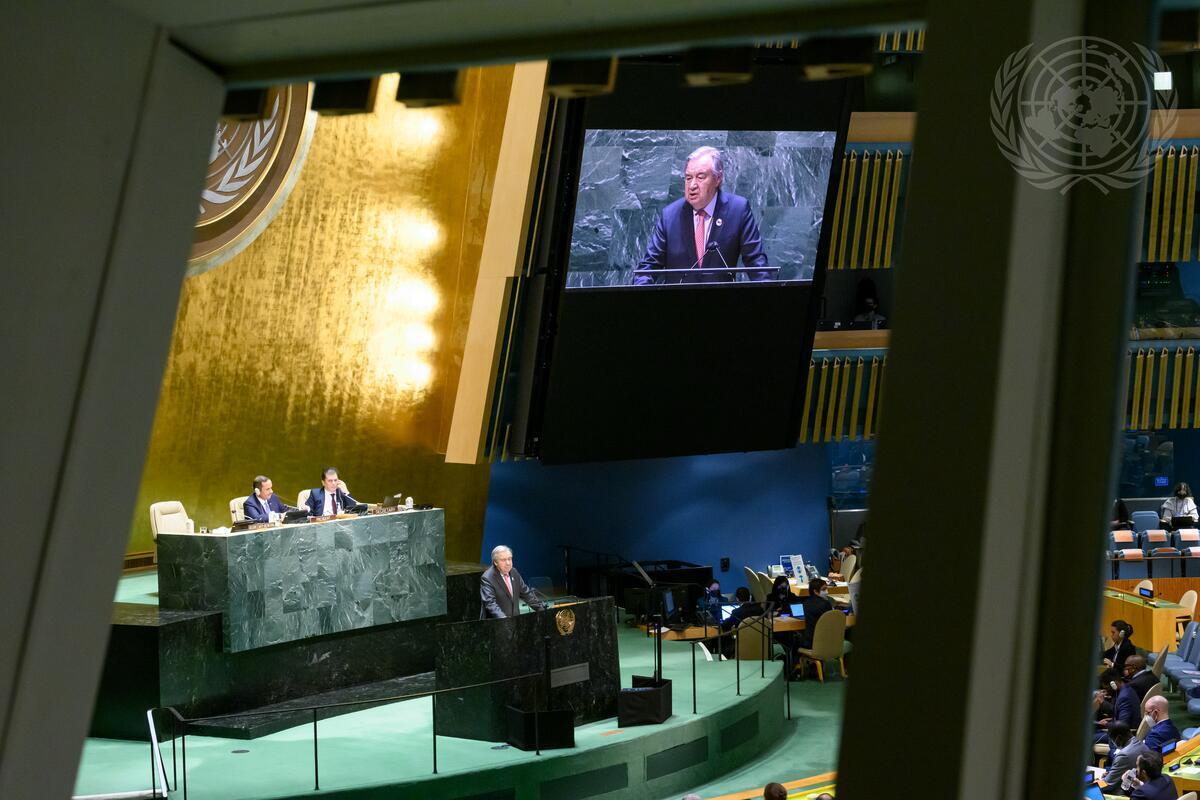 Secretary-General António Guterres (at podium) addresses the opening of the fifth United Nations Conference on the Least Developed Countries (LDC5). The first part of the LDC5 Conference will consider the draft Doha Programme of Action for LDCs.