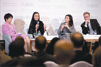 Her Highness Sheikha Moza bint Nasser speaking at the MDG high-level session at WISE, with fellow Advocate Ambassador Dho Young-shim, moderator Ghida Fakhry of Al Jazeera, and Thomas Stelzer, UN Assistant Secretary-General for Policy Coordination.