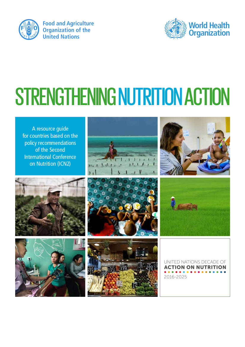 الغلاف الأمامي لدليل الموارد المشترك بين منظمة الأغذية والزراعة ومنظمة الصحة العالمية:  تعزيز العمل في مجال التغذية.