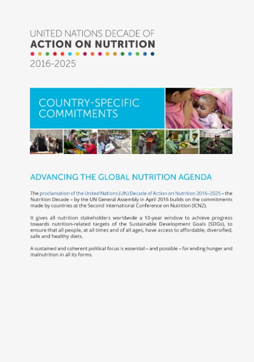 Portada del folleto sobre los compromisos específicos de los países en relación con el Decenio sobre la Nutrición.