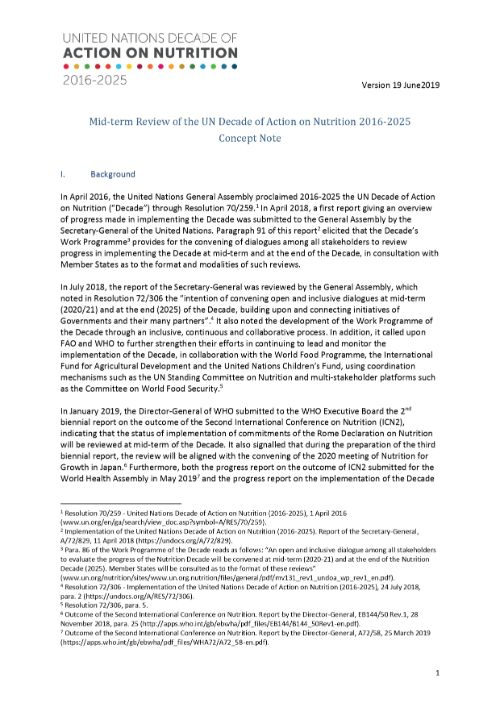 Portada de la nota de exposición de conceptos sobre el examen a mitad de período del Decenio sobre la Nutrición.