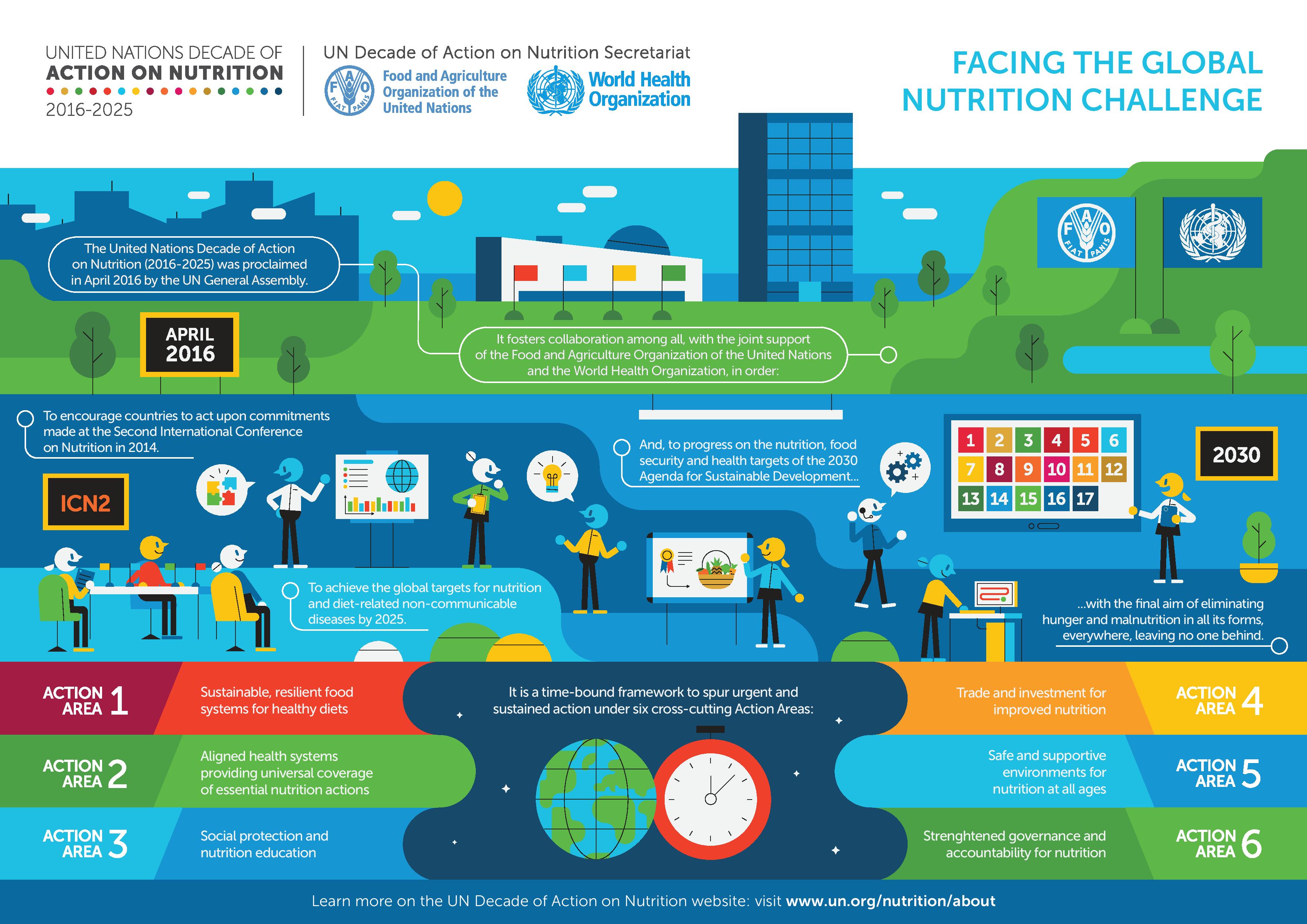 Infographic on the UN Decade of Action on Nutrition presenting its background and six action areas.