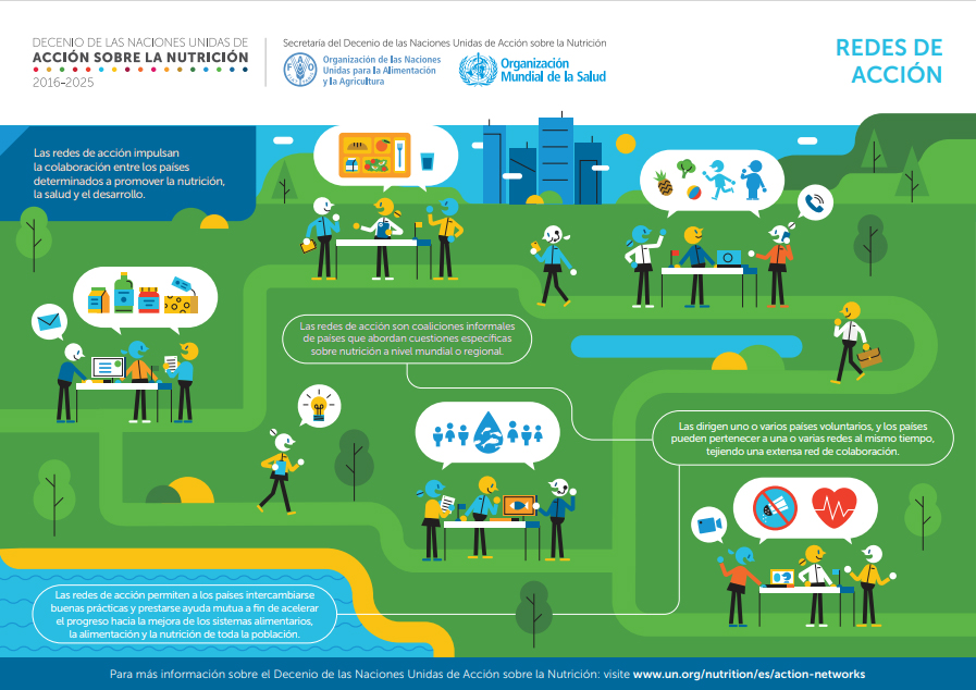 Infografía sobre el Decenio de las Naciones Unidas de Acción sobre la Nutrición en la que se describe una de sus modalidades de compromiso: las redes de acción dirigidas por los países.