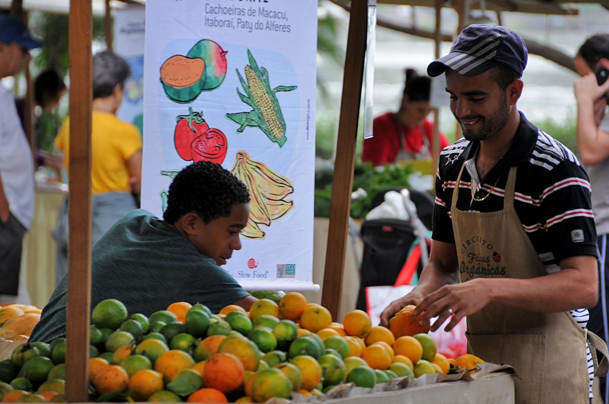 Étal de fruits frais sur un marché.