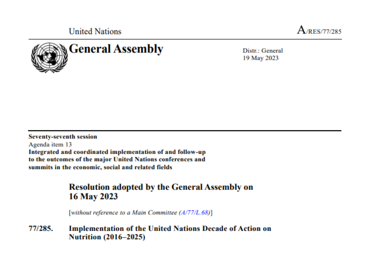 Couverture de la résolution de l'Assemblée générale des Nations Unies sur la Décennie d’action des Nations Unies pour la nutrition.