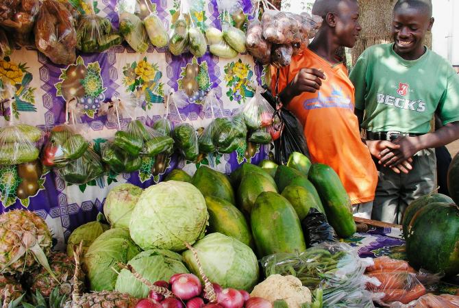 A fruit and vegetable stand in Kampala, Uganda.