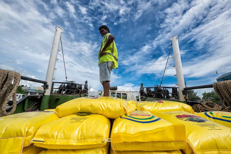 Ships being loaded and unloaded at the Port of Honiara, Solomon Islands.