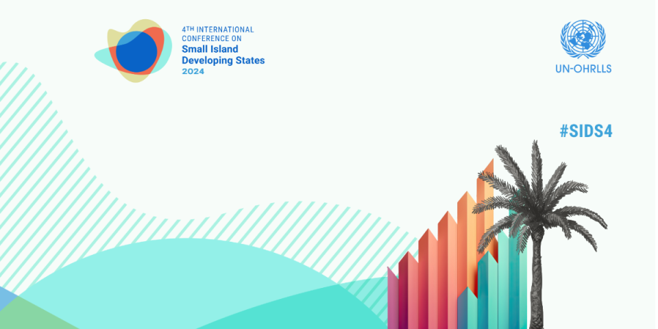 Palm tree over economic progress representation with bars and the SIDS Conference logo