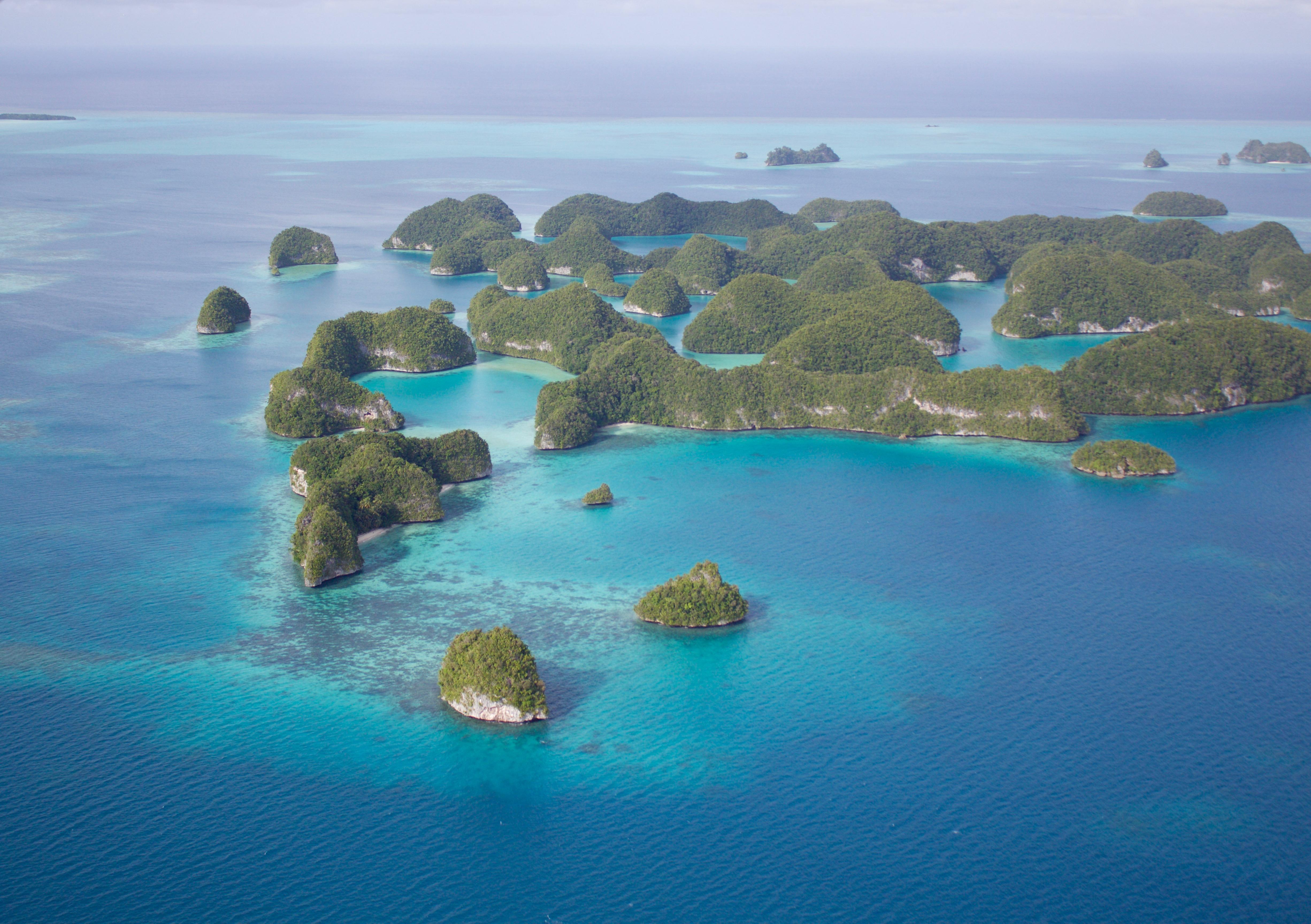 Palau; aerial view of islands in the Palau archipelago. 