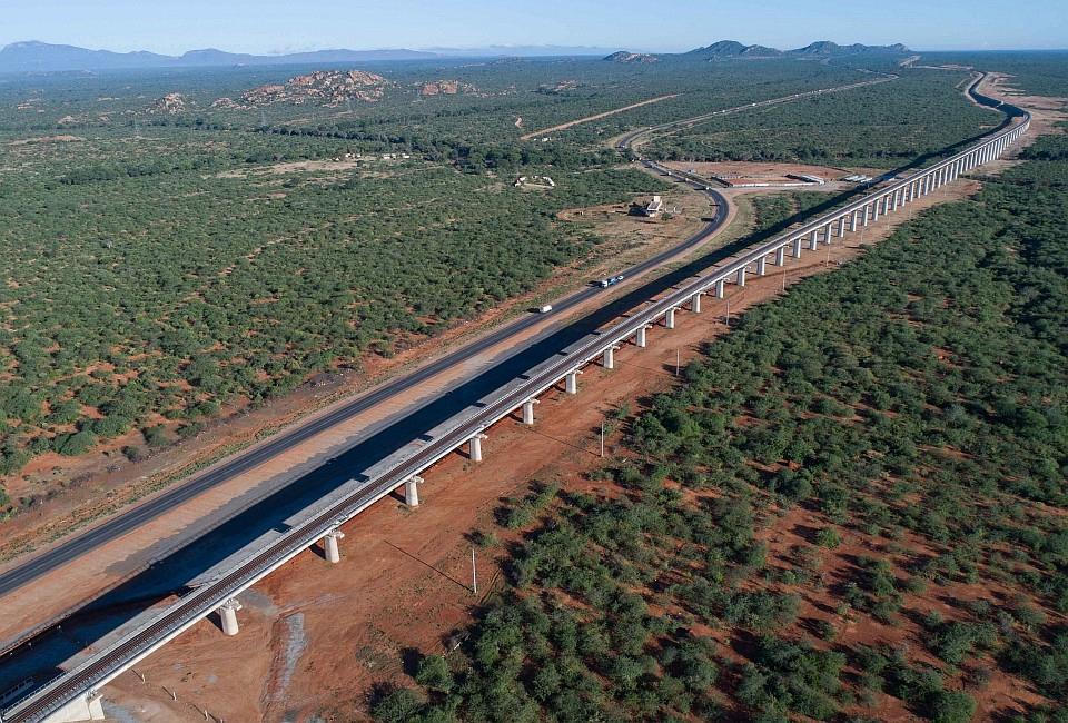 Northern Corridor road and railway with underpass for wildlife at Tsavo National Park in Kenya