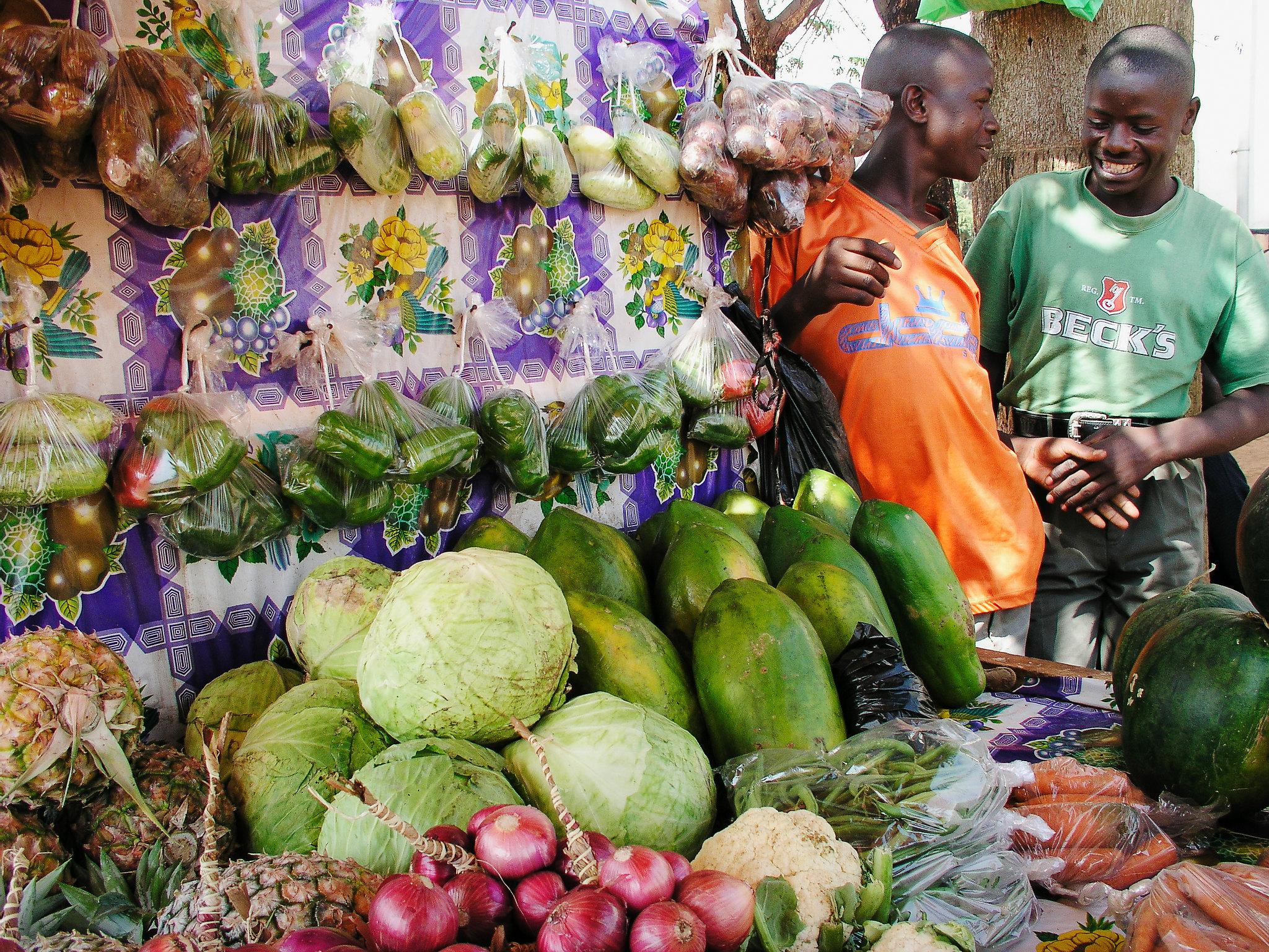 A fruit and vegetable stand in Kampala, Uganda.