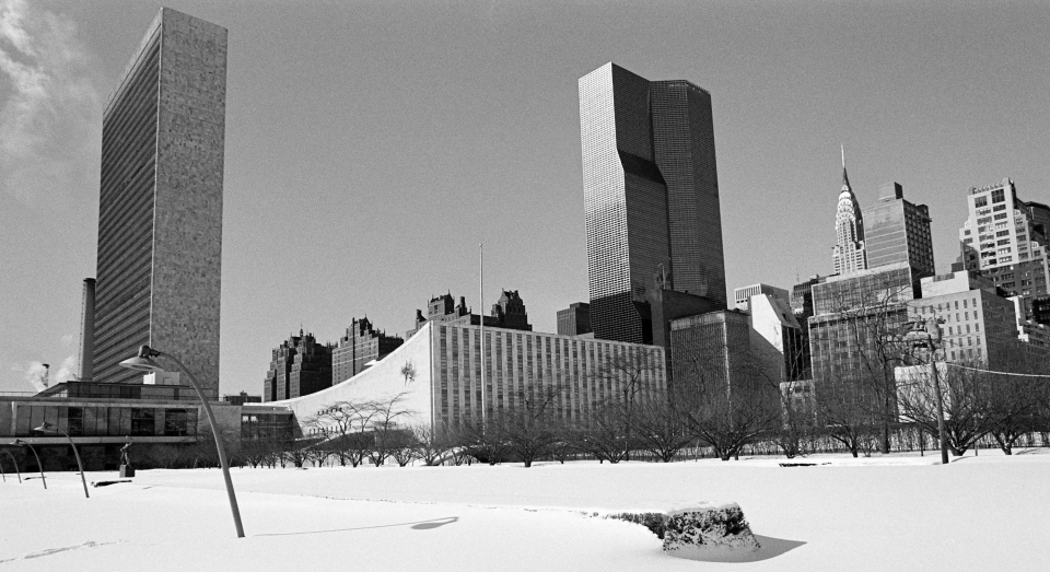 United Nations Headquarters in black and white