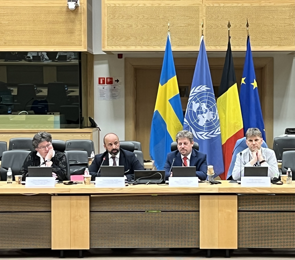 The United Nations Legal Counsel visits Brussels.  From left to right: Ambassador Elinor Hammarskjöld (Sweden); Mr. Miguel de Serpa Soares; Ambassador Piet Herbaut (Belgium); and Mr. Frank Hoffmeister (EEAS)