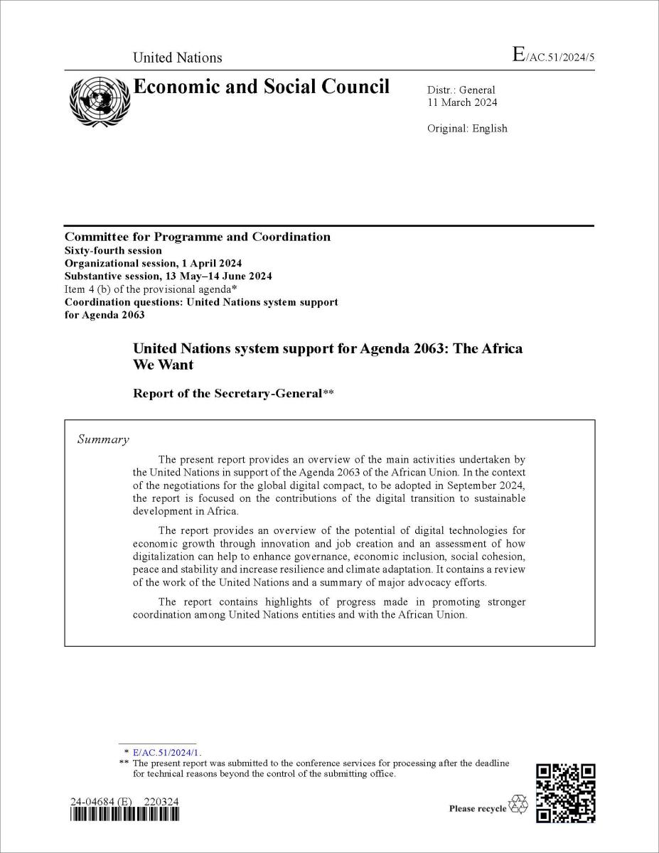 Cover of the Report of the Secretary-General's Report United Nations system support for Agenda 2063: The Africa  We Want