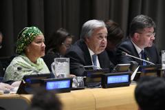 Secretary-General António Guterres briefs on the forthcoming High-level event on Peacebuilding and Sustaining Peace at an informal meeting of the General Assembly. UN Photo/Evan Schneider