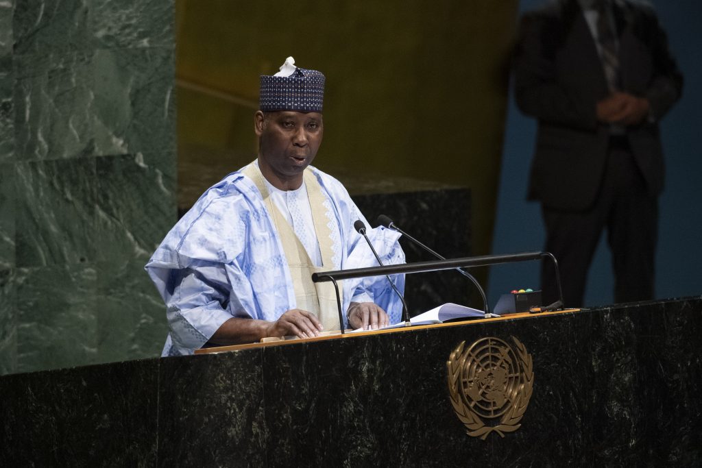 Tijjani Muhammad-Bande, Permanent Representative of Nigeria to the United Nations, addresses the General Assembly upon his election as President of the Assembly's seventy-fourth session standing on the General Assembly podium