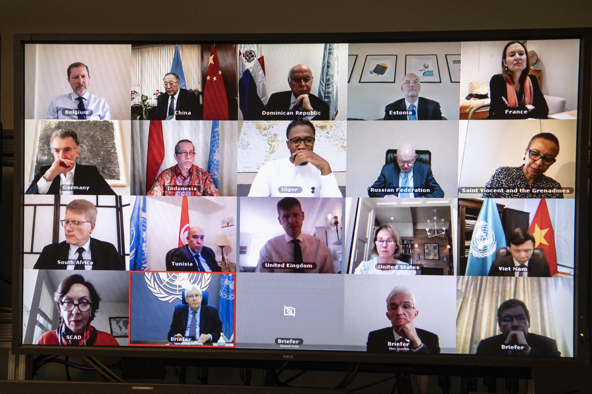 A snapshot of a computer screen showing a video conference among many participants.