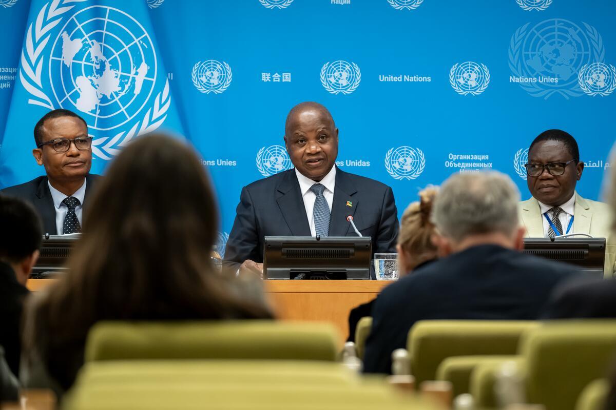 Pedro Comissário Afonso (centre), PR of Mozambique to the United Nations and President of the Security Council for the month of May, briefs reporters on the programme of work of the Security Council for the month of May 2024