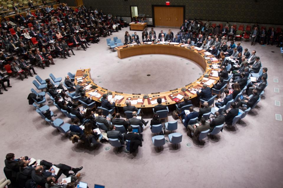 غرفة مجلس الأمن خلال الاجتماع حول الوضع في الشرق الأوسط وفلسطين. الأمم المتحدة / مانويل إلياس
