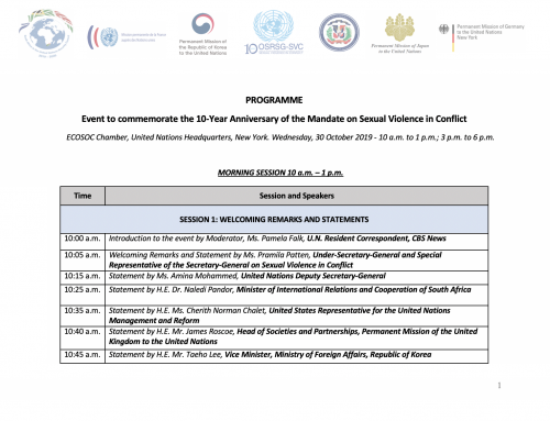 Programme of the Event to commemorate the 10-Year Anniversary of the Mandate on Sexual Violence in Conflict