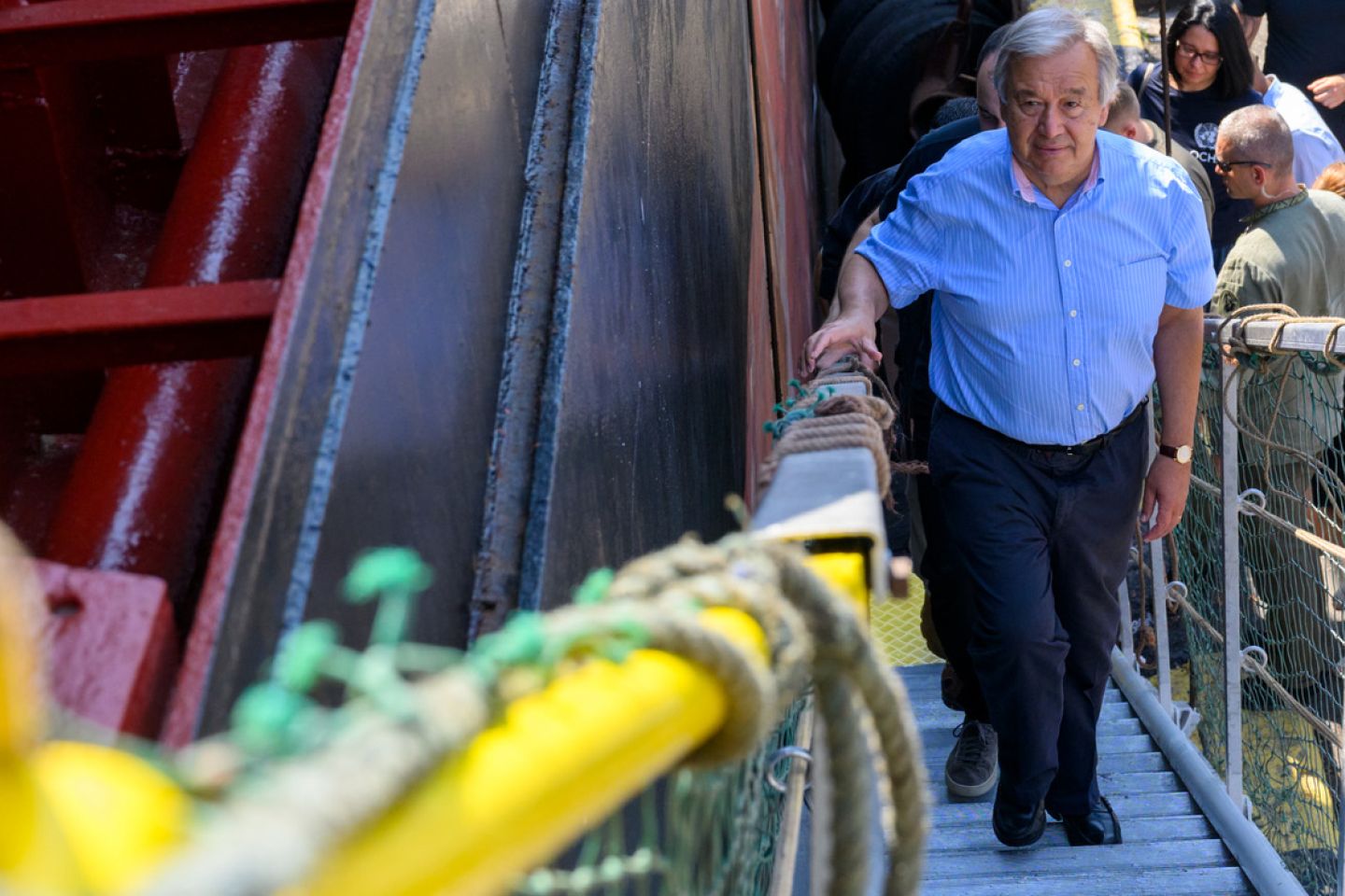Secretary-General António Guterres boards the M/V Kubrosli Y, a bulk carrier loading up some 10,000 metric tonnes of wheat.
