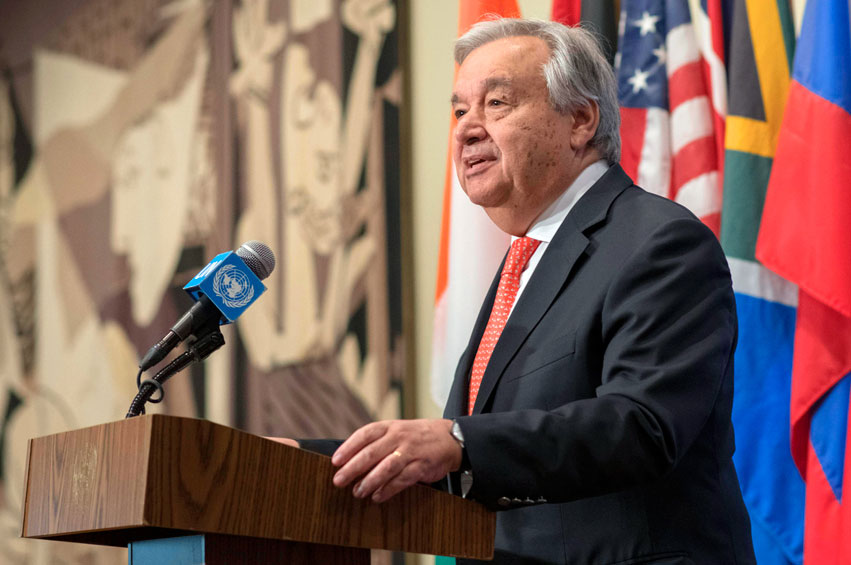 Secretary-General António Guterres briefs reporters at UN Headquarters in New York. UN Photo/Mark Garten 