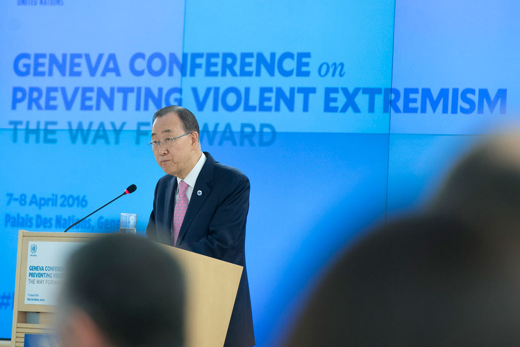 Secretary-General Ban Ki-moon addresses the Geneva Conference on preventing Violent Extremism. UN Photo/Jean-Marc Ferré