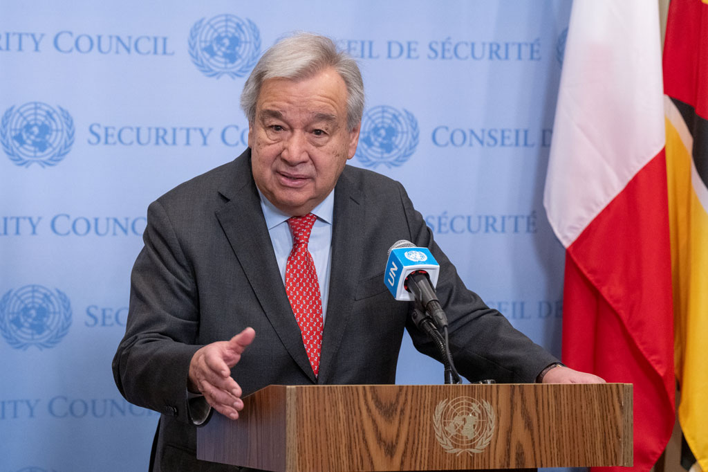 Secretary-General António Guterres briefs reporters on the situation in Gaza on the six months mark of the conflict. UN Photo/Eskinder Debebe
