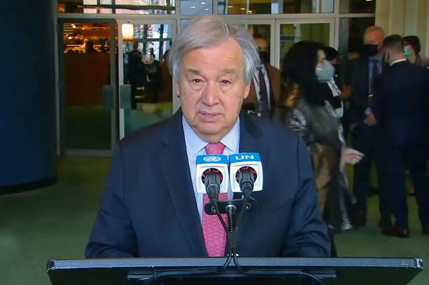Secretary-General António Guterres briefs journalists following the UN General Assembly adopting a resolution demanding that Russia immediately end its military operations in Ukraine. Photo: United Nations