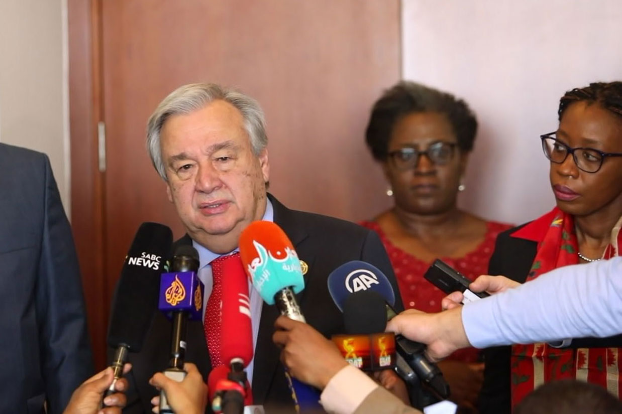 Secretary-General António Guterres briefs the press in Addis Ababa, Ethiopia, following a meeting with Moussa Faki Mahamat (left), Chairperson of the African Union Commission. UN News/Video screen grab