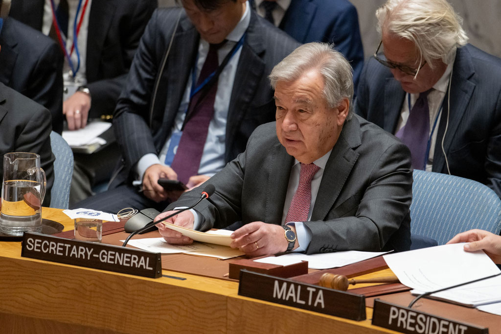 Secretary-General António Guterres addresses the Security Council meeting on the situation in Gaza. UN Photo/Eskinder Debebe