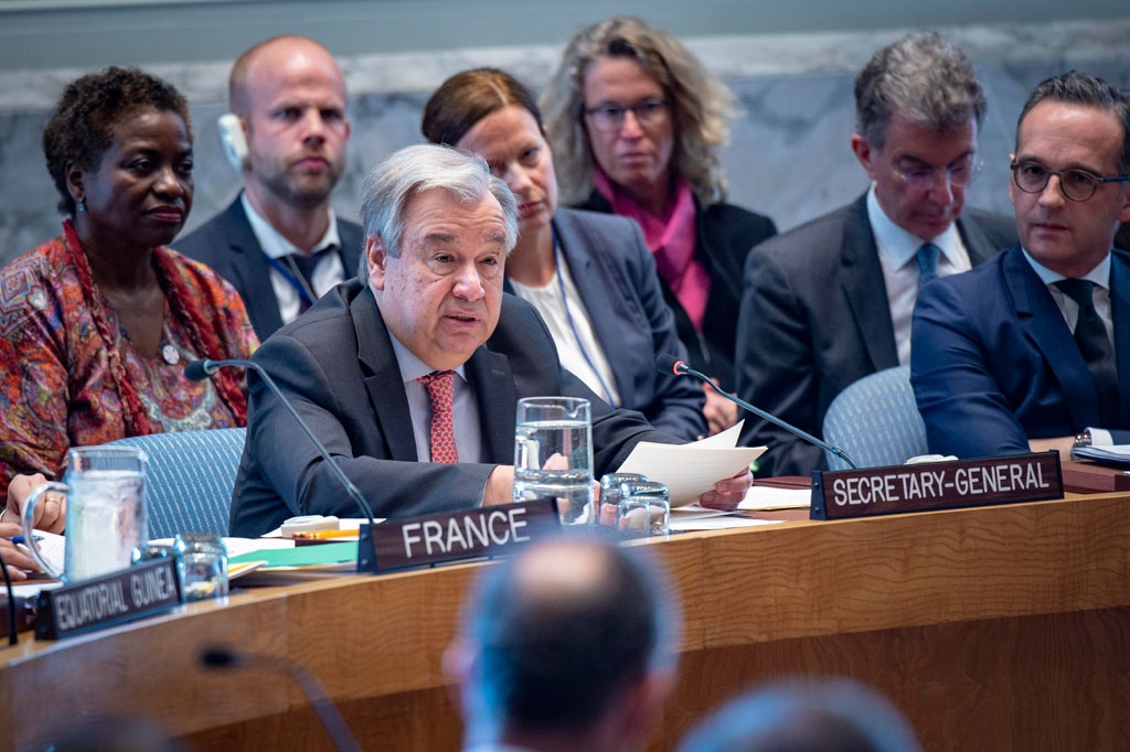 Secretary-General António Guterres addresses the Security Council meeting on women and peace and security, with a focus on sexual violence in conflict. UN Photo/Loey Felipe