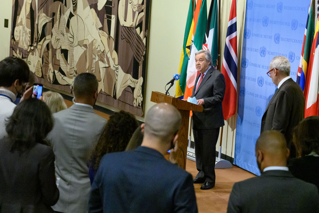 Secretary-General António Guterres briefs journalists on the current situation in Ukraine.  UN Photo/Loey Felipe