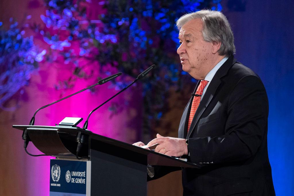 Secretary-General António Guterres speaks at the University of Geneva, launching his Agenda for Disarmament. UN Photo/Jean-Marc Ferré