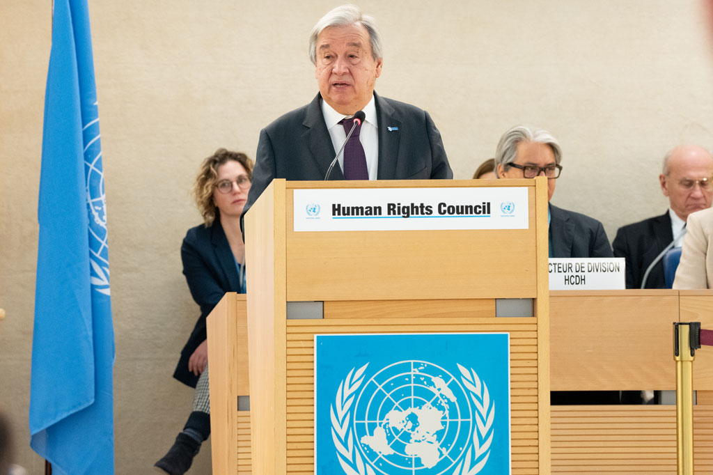 Secretary-General António Guterres addresses the High-level segment of the 52nd session of the Human Rights Council in Geneva. UN Photo/Jean Marc Ferré